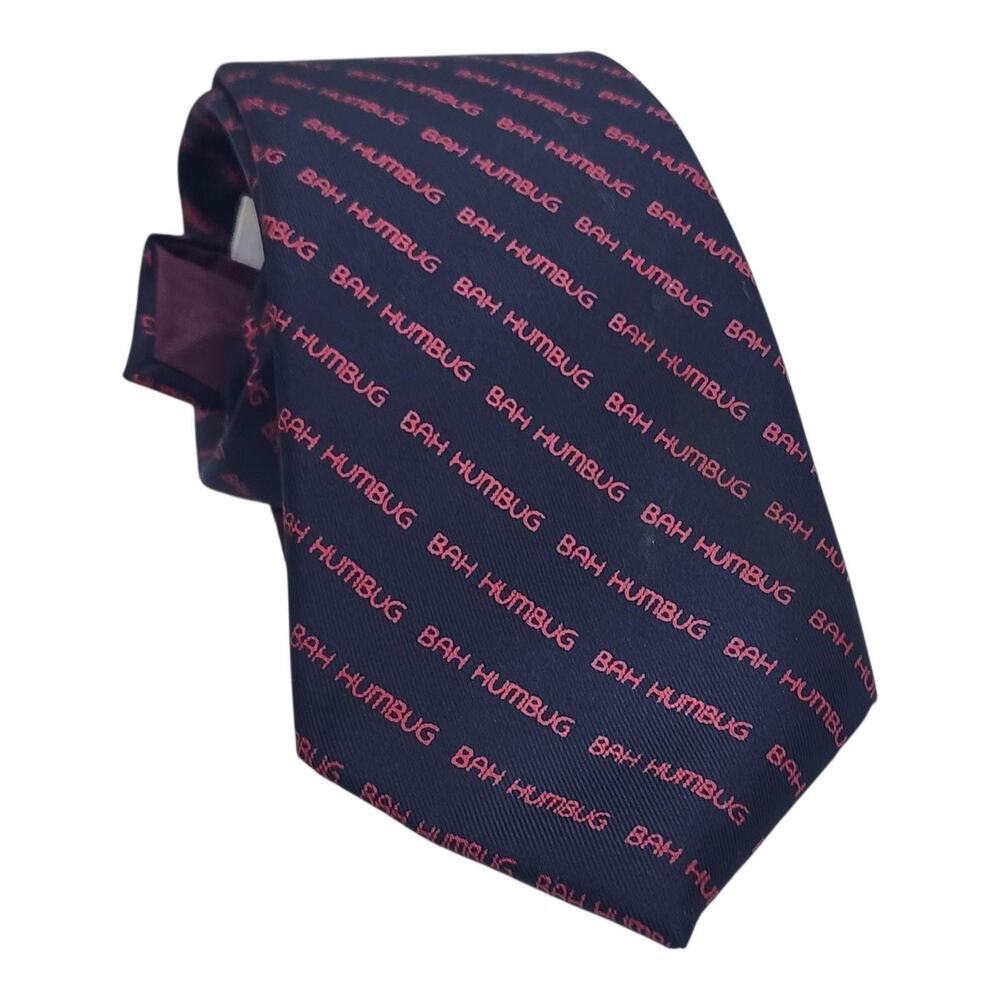 Vintage Horchow Tie Mens Blue Silk Bah Humbug Novelty Christmas Classic Necktie